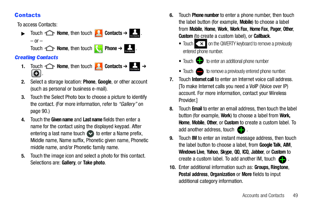 Samsung GH68_3XXXXA user manual Creating Contacts 