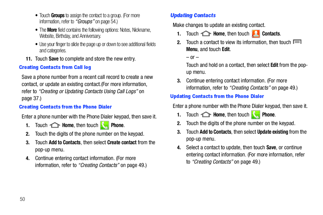 Samsung GH68_3XXXXA user manual Touch Home, then touch Phone, Updating Contacts, Creating Contacts from Call log 