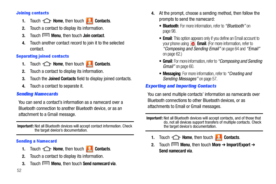 Samsung GH68_3XXXXA user manual Touch a contact to separate it, Sending Namecards, Touch Menu, then touch Send namecard via 