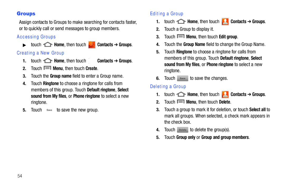 Samsung GH68_3XXXXA user manual Accessing Groups, Creating a New Group, Editing a Group, Deleting a Group 