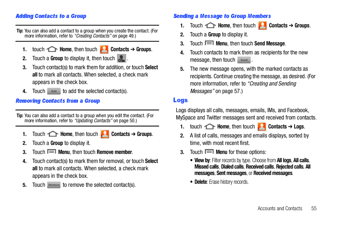 Samsung GH68_3XXXXA Logs, Adding Contacts to a Group, Removing Contacts from a Group, Sending a Message to Group Members 