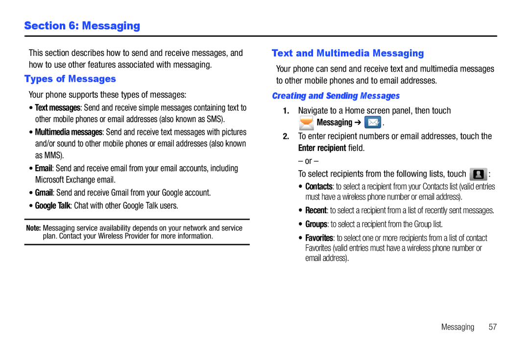 Samsung GH68_3XXXXA user manual Types of Messages, Text and Multimedia Messaging, Creating and Sending Messages 