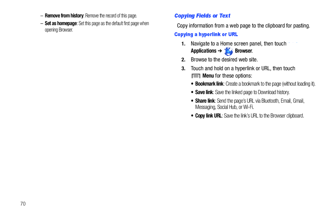 Samsung GH68_3XXXXA Copying Fields or Text, Copying a hyperlink or URL, Save link Save the linked page to Download history 