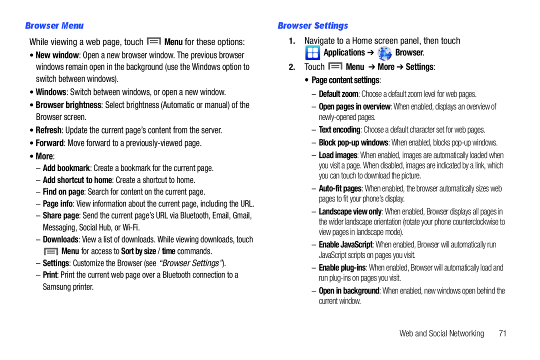 Samsung GH68_3XXXXA user manual Browser Menu, Forward Move forward to a previously-viewed, Browser Settings 