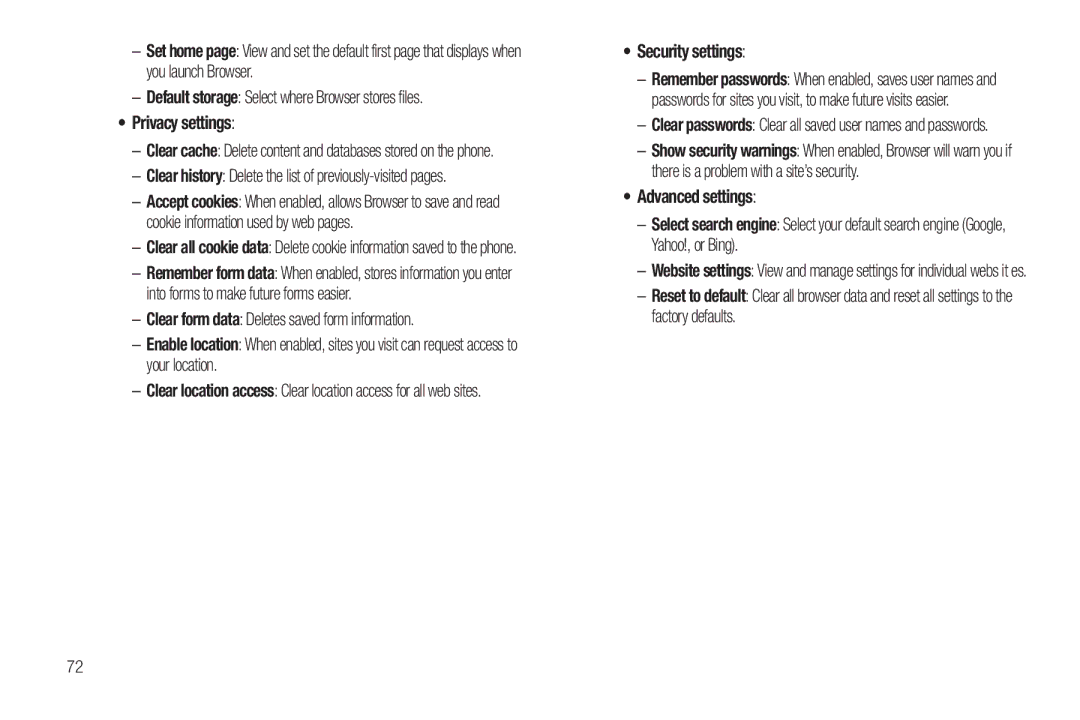 Samsung GH68_3XXXXA user manual Default storage Select where Browser stores files, Privacy settings, Security settings 