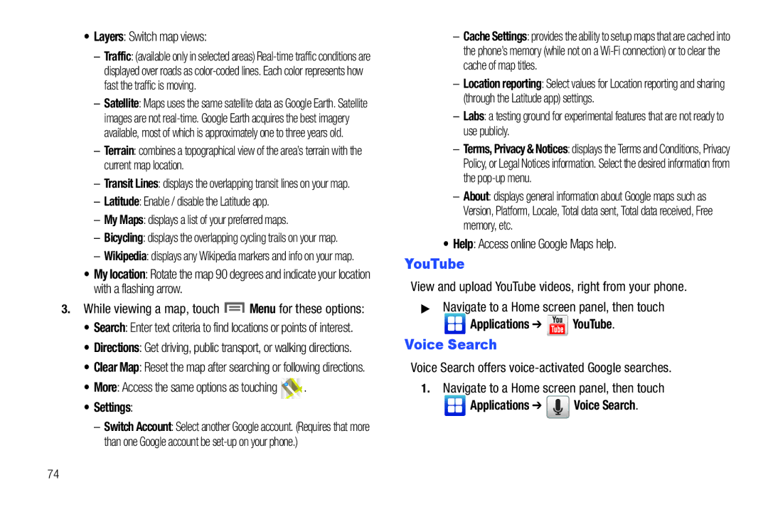 Samsung GH68_3XXXXA user manual Settings, Applications YouTube, Applications Voice Search 