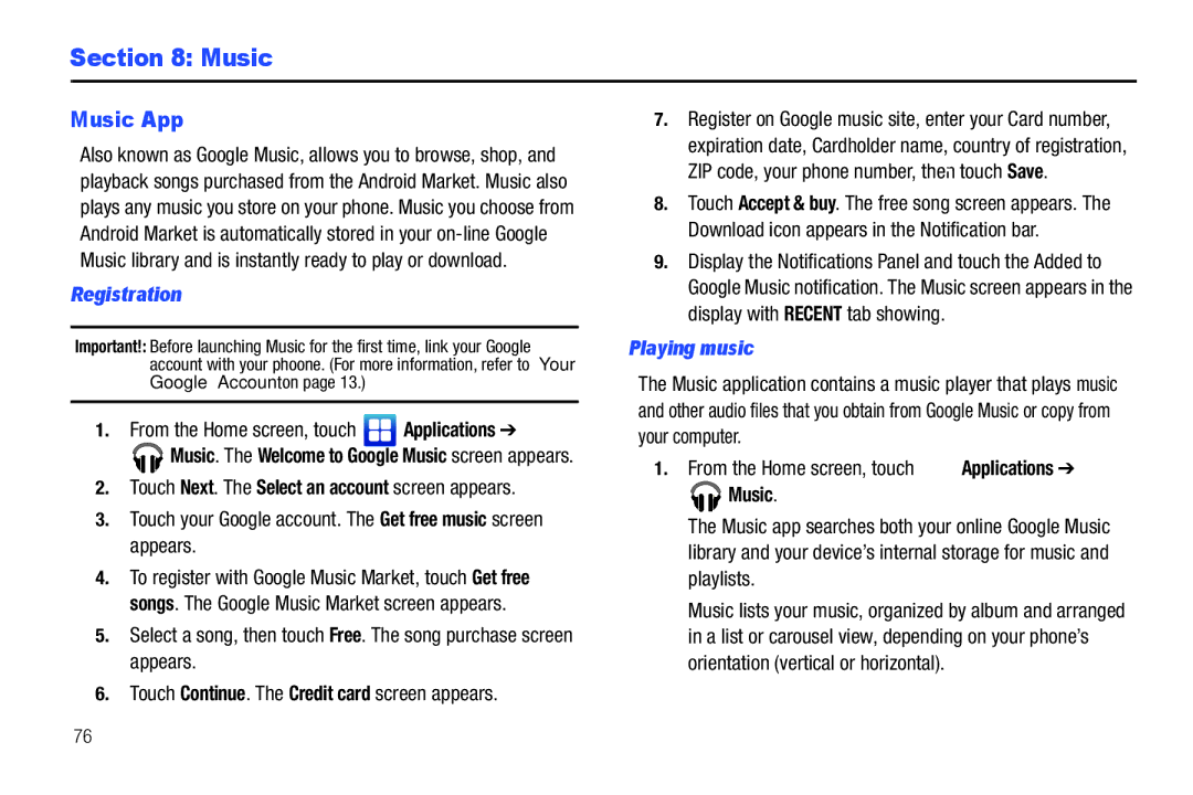 Samsung GH68_3XXXXA user manual Music App, Registration, Playing music 