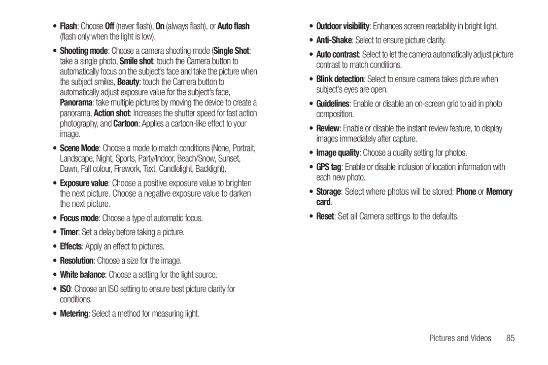 Samsung GH68_3XXXXA Anti-Shake Select to ensure picture clarity, Shooting mode Choose a camera shooting mode Single Shot 