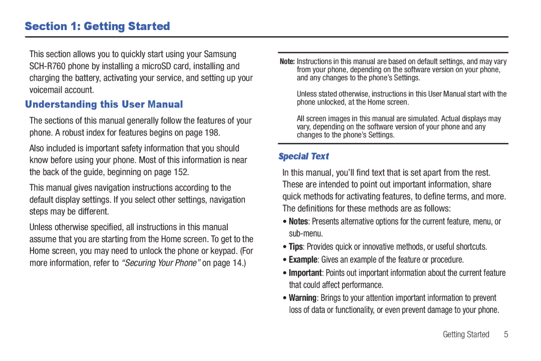 Samsung GH68_3XXXXA user manual Getting Started, Special Text 