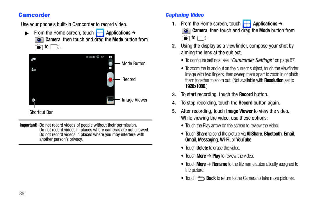 Samsung GH68_3XXXXA user manual Camcorder, Capturing Video, Camera, then touch and drag the Mode button from 