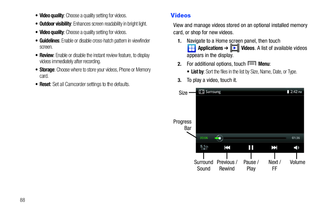 Samsung GH68_3XXXXA Videos, Video quality Choose a quality setting for videos, For additional options, touch Menu 