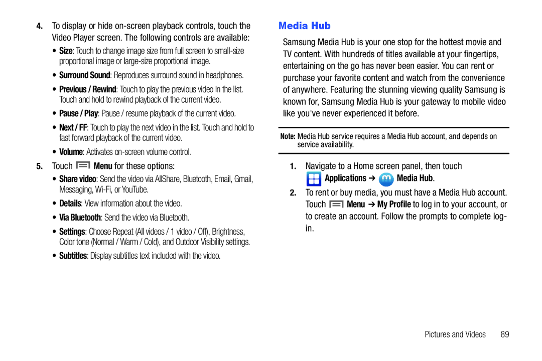 Samsung GH68_3XXXXA user manual Applications Media Hub, Subtitles Display subtitles text included with the video 