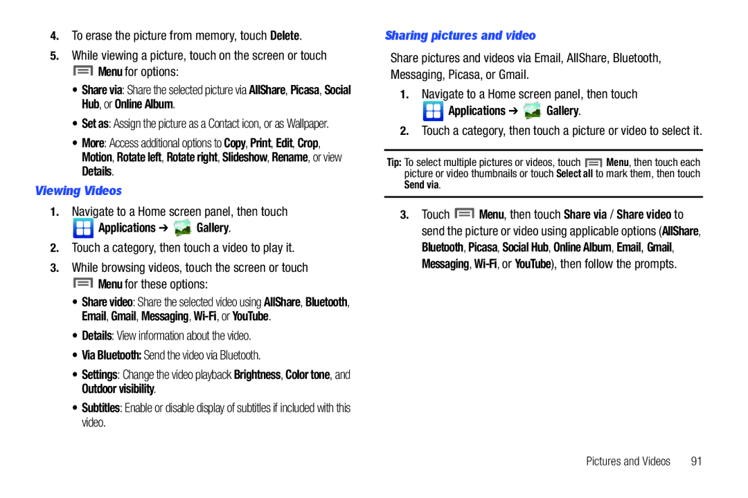 Samsung GH68_3XXXXA user manual To erase the picture from memory, touch Delete, Menu for options, Viewing Videos 