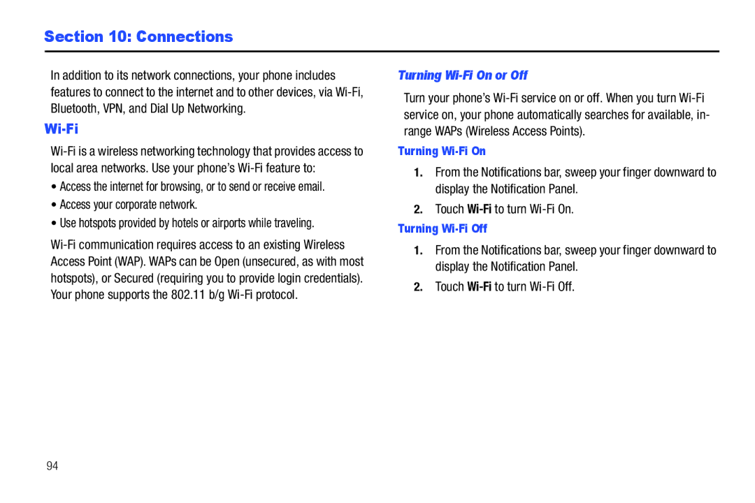 Samsung GH68_3XXXXA user manual Connections, Access your corporate network, Turning Wi-Fi On or Off 