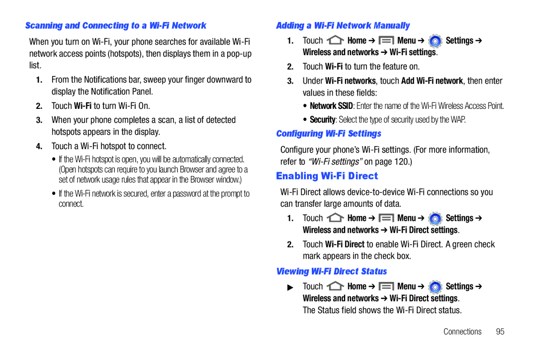 Samsung GH68_3XXXXA Enabling Wi-Fi Direct, Scanning and Connecting to a Wi-Fi Network, Adding a Wi-Fi Network Manually 