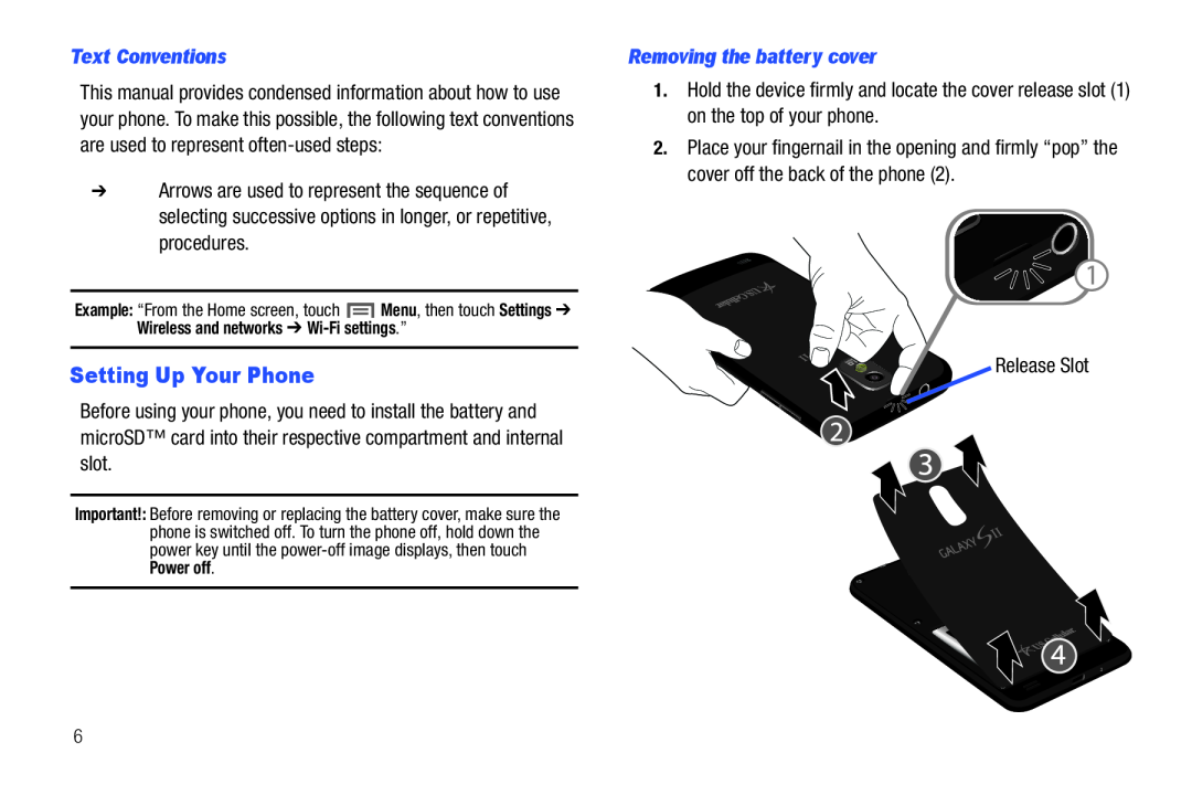 Samsung GH68_3XXXXA user manual Setting Up Your Phone, Text Conventions, Removing the battery cover 