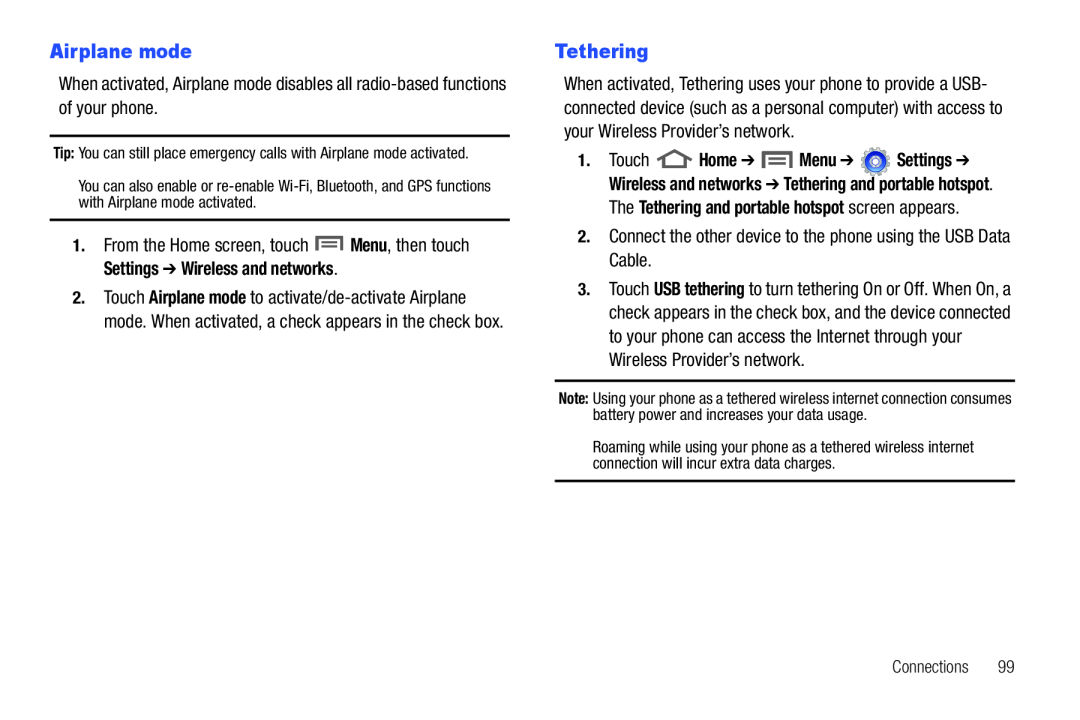 Samsung GH68_3XXXXA user manual Airplane mode, The Tethering and portable hotspot screen appears 