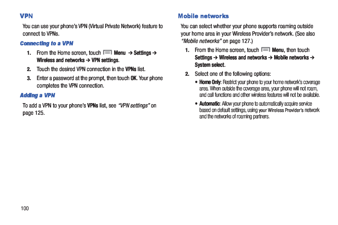 Samsung GH68_3XXXXA user manual Mobile networks, Connecting to a VPN, Adding a VPN, Select one of the following options 