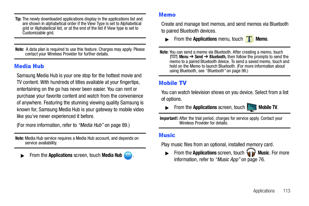 Samsung GH68_3XXXXA user manual Memo, Mobile TV, Music, For more information, refer to “Media Hub” on page, Applications 