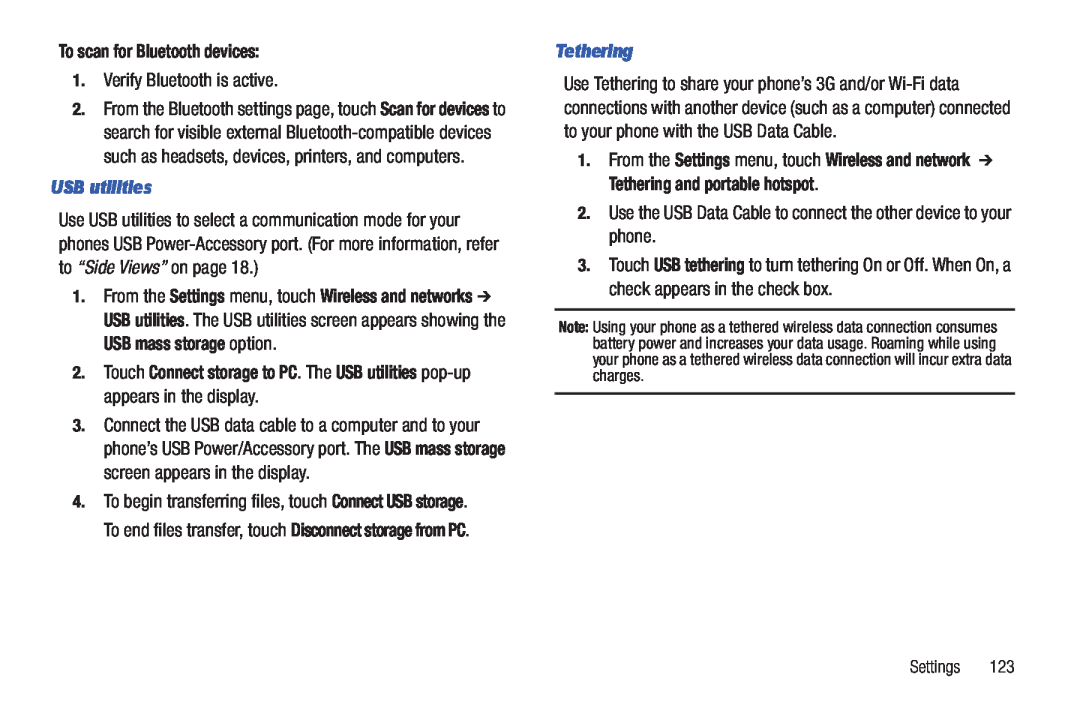 Samsung GH68_3XXXXA user manual To scan for Bluetooth devices, USB utilities, Tethering, Verify Bluetooth is active 