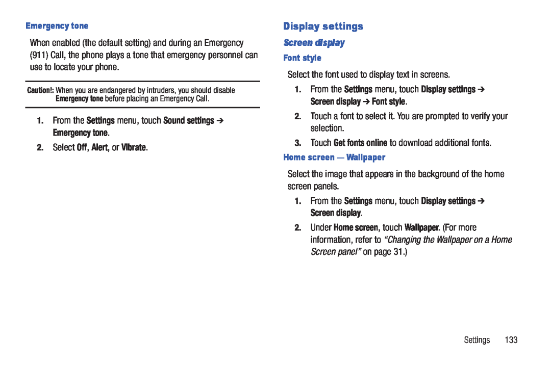 Samsung GH68_3XXXXA Display settings, From the Settings menu, touch Sound settings Emergency tone, Screen display 