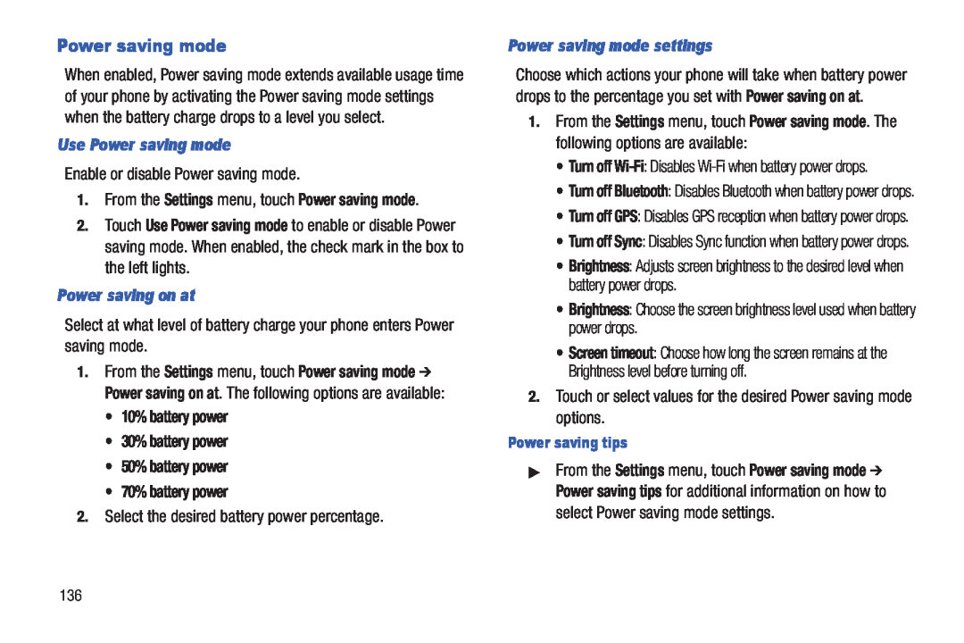 Samsung GH68_3XXXXA Use Power saving mode, Enable or disable Power saving mode, Power saving on at, 70% battery power 