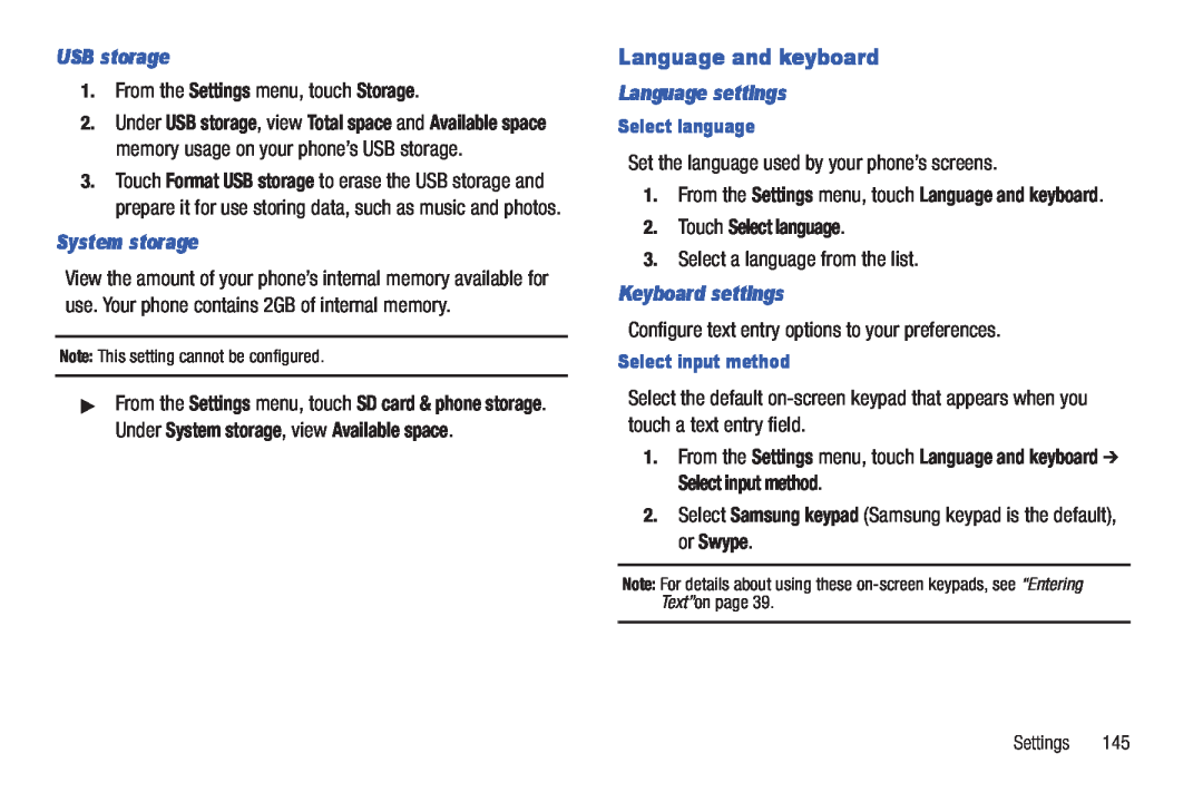 Samsung GH68_3XXXXA Language and keyboard, USB storage, System storage, Language settings, Touch Select language, Settings 