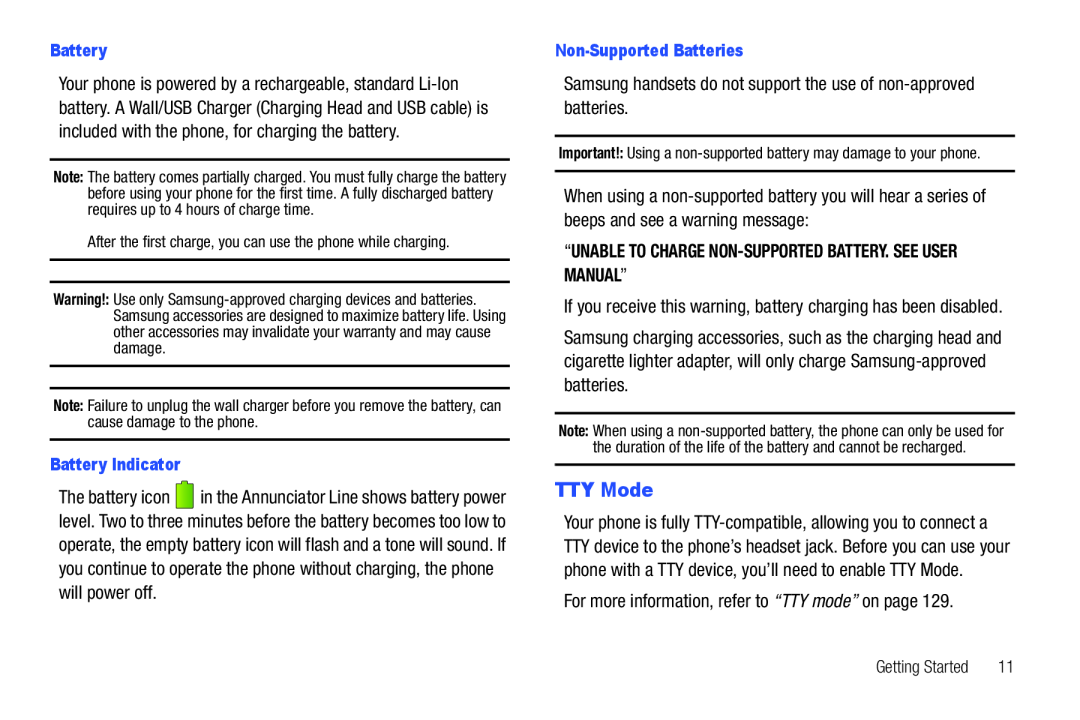 Samsung GH68_3XXXXA user manual TTY Mode, Samsung handsets do not support the use of non-approved batteries, Battery 