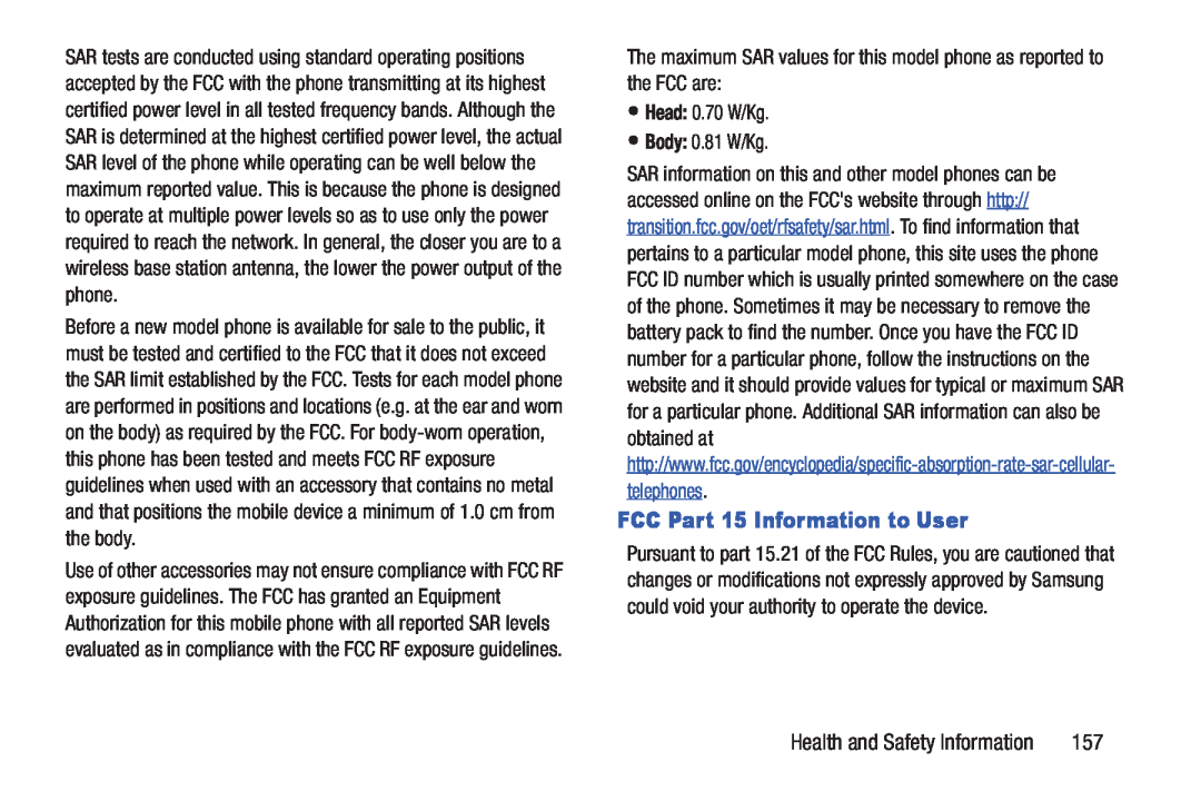 Samsung GH68_3XXXXA user manual FCC Part 15 Information to User, Head 0.70 W/Kg Body 0.81 W/Kg 