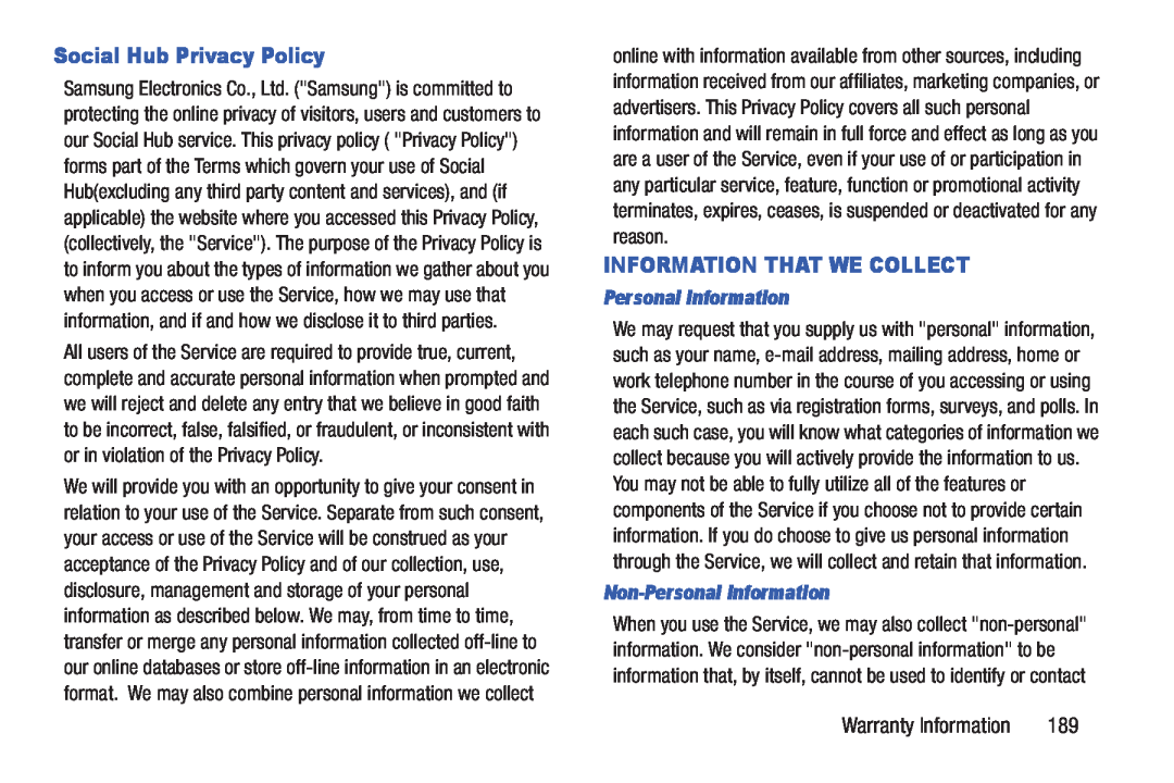 Samsung GH68_3XXXXA user manual Social Hub Privacy Policy, Information That We Collect, Non-Personal Information 