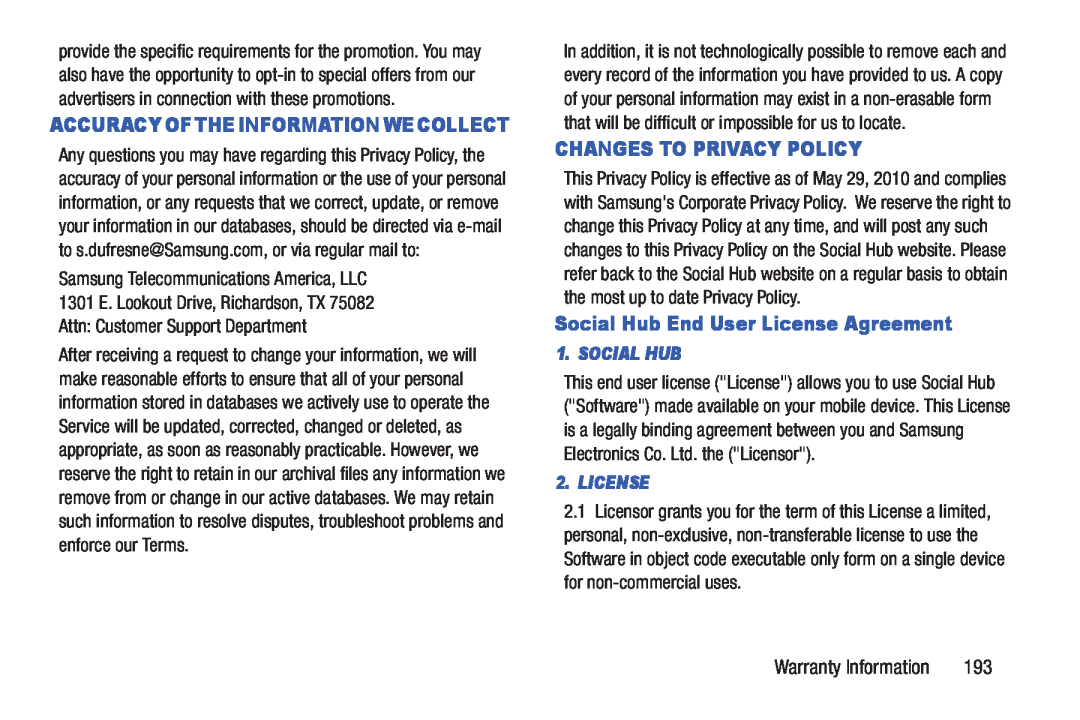 Samsung GH68_3XXXXA Changes To Privacy Policy, Social Hub End User License Agreement, Attn Customer Support Department 