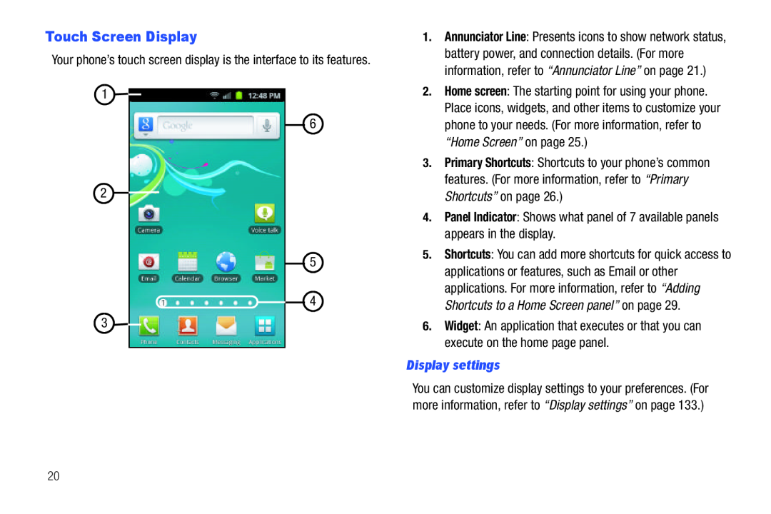 Samsung GH68_3XXXXA user manual Touch Screen Display, Display settings 