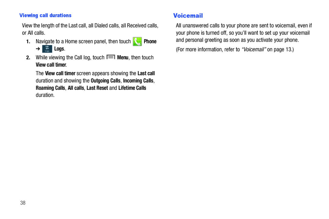 Samsung GH68_3XXXXA user manual For more information, refer to “Voicemail” on page, Viewing call durations, s Logs 