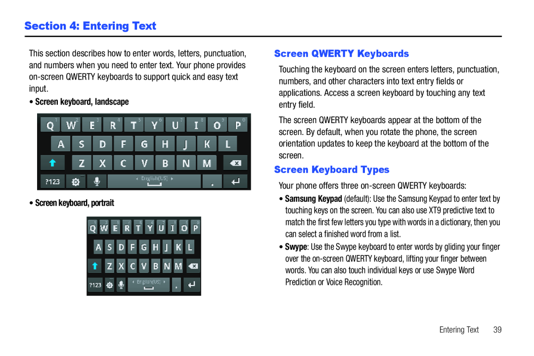 Samsung GH68_3XXXXA user manual Entering Text, Screen QWERTY Keyboards, Screen Keyboard Types 