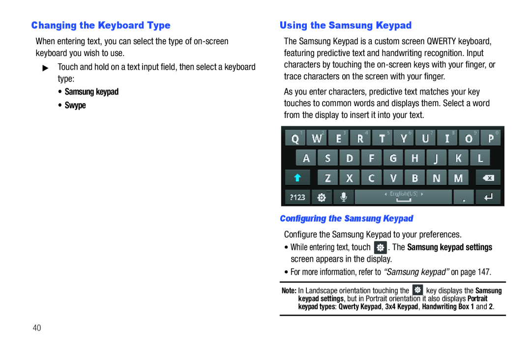 Samsung GH68_3XXXXA user manual Changing the Keyboard Type, Using the Samsung Keypad, Samsung keypad Swype 