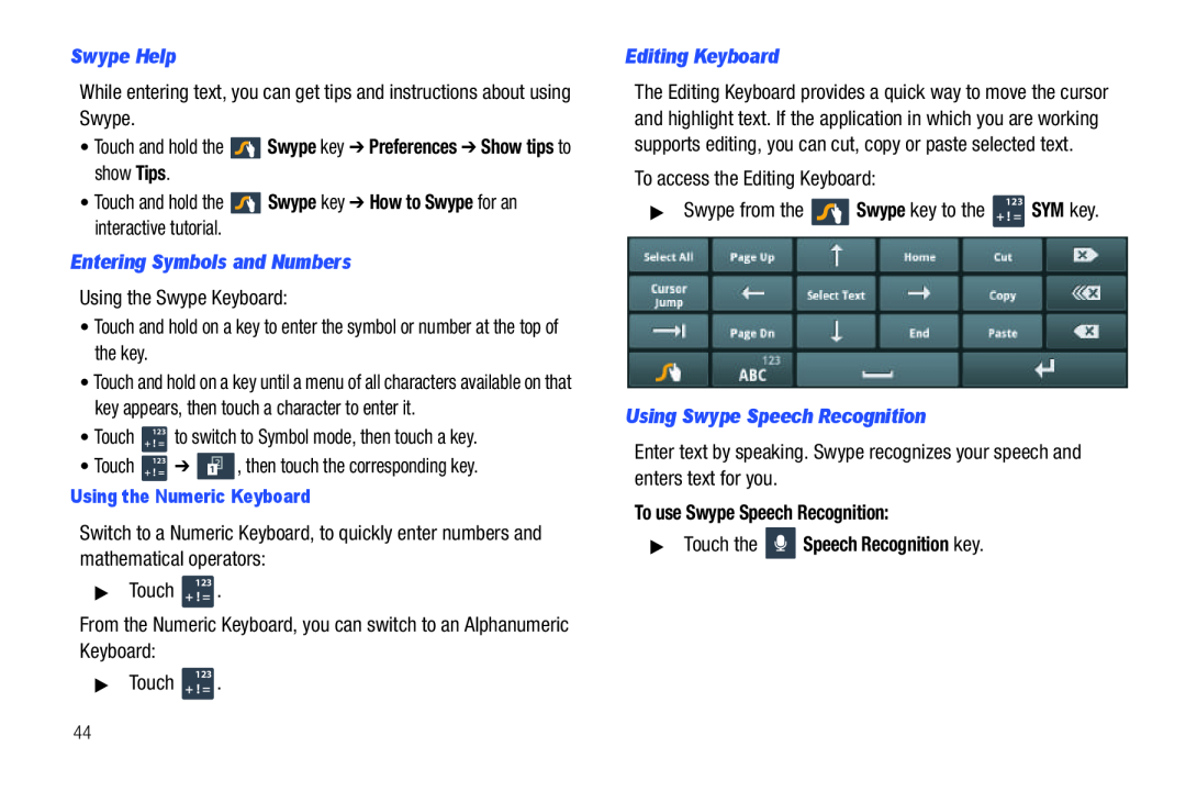 Samsung GH68_3XXXXA Swype Help, Touch and hold the Swype key Preferences Show tips to show Tips, Editing Keyboard 