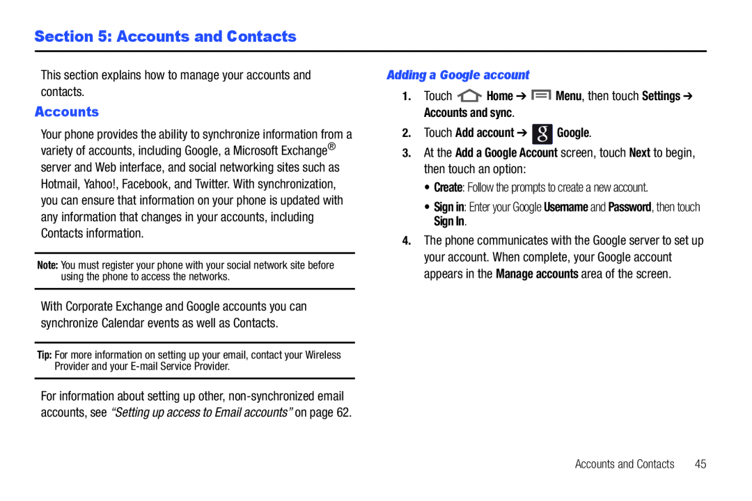 Samsung GH68_3XXXXA user manual Accounts and Contacts, This section explains how to manage your accounts and contacts 