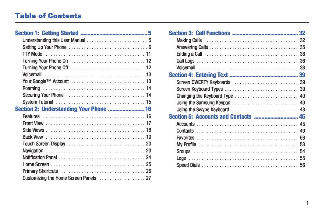 Samsung GH68_3XXXXA user manual Table of Contents, Getting Started, Understanding Your Phone, Call Functions, Entering Text 