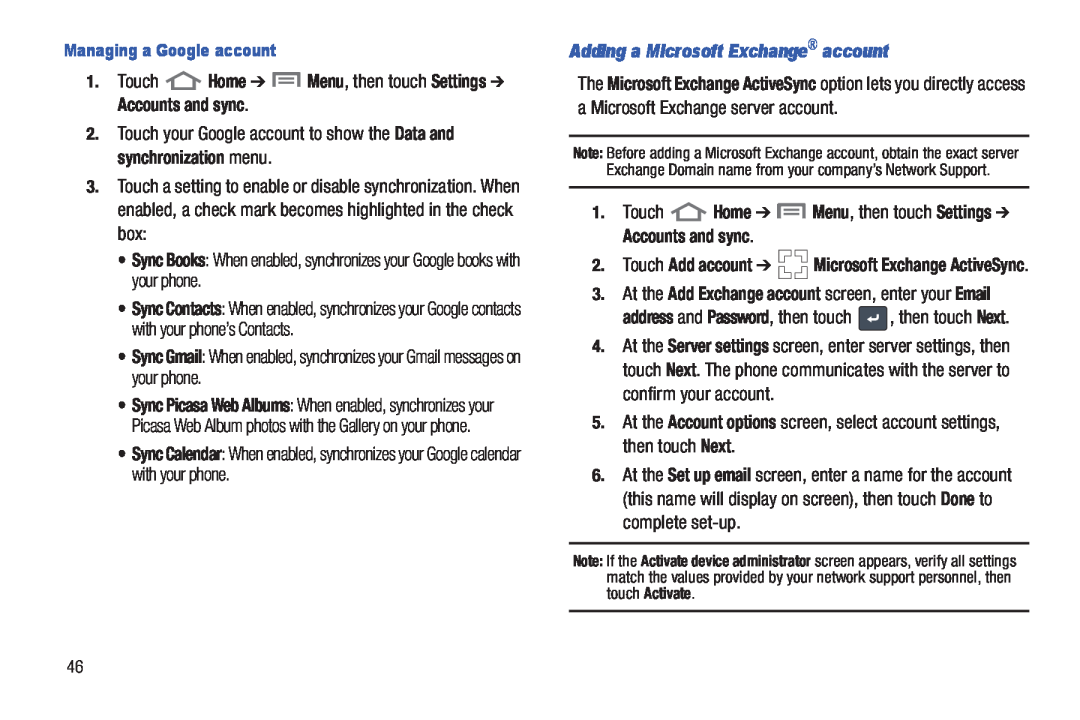 Samsung GH68_3XXXXA user manual Adding a Microsoft Exchange account, Managing a Google account 