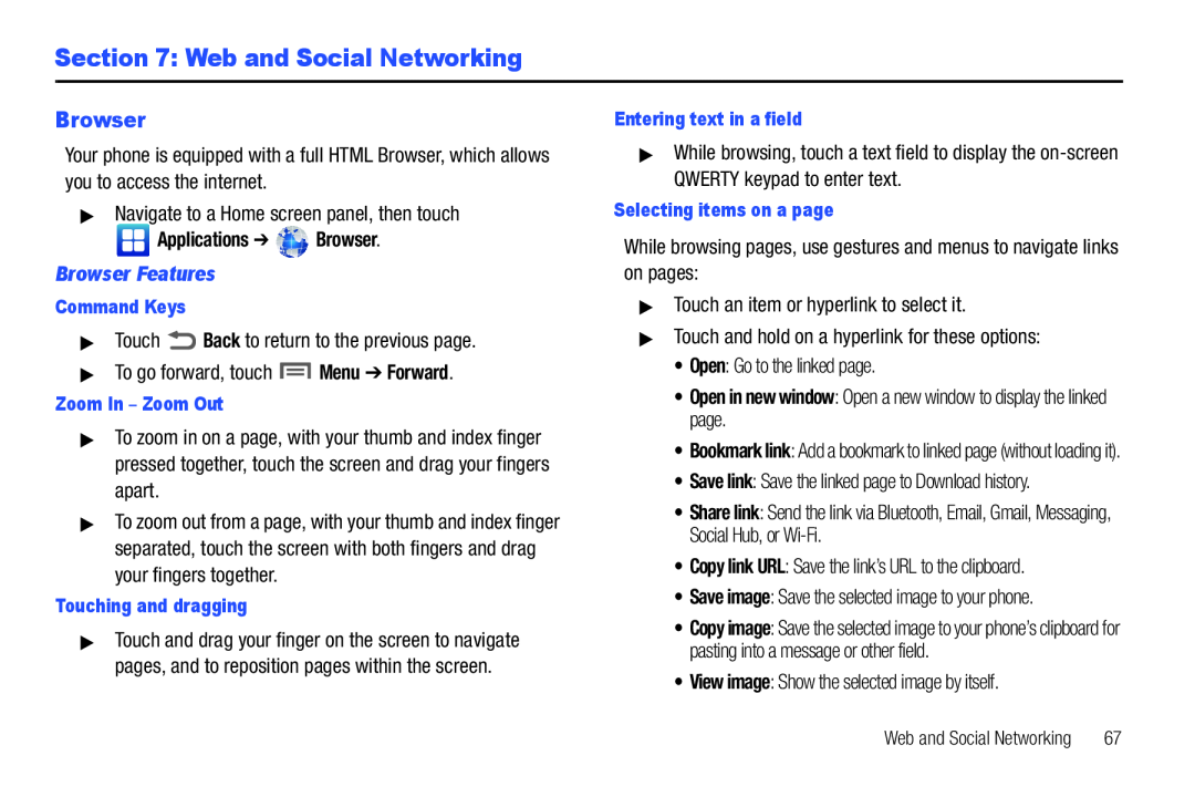 Samsung GH68_3XXXXA user manual Web and Social Networking, Applications Browser, Browser Features 