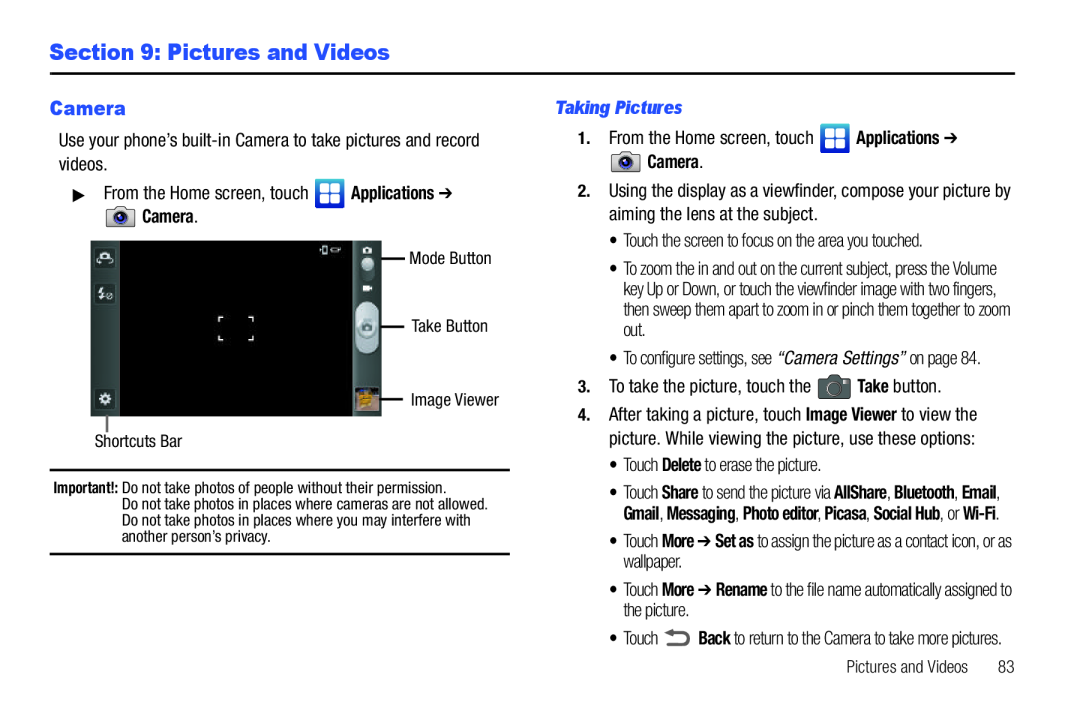 Samsung GH68_3XXXXA user manual Pictures and Videos, Camera, Taking Pictures 