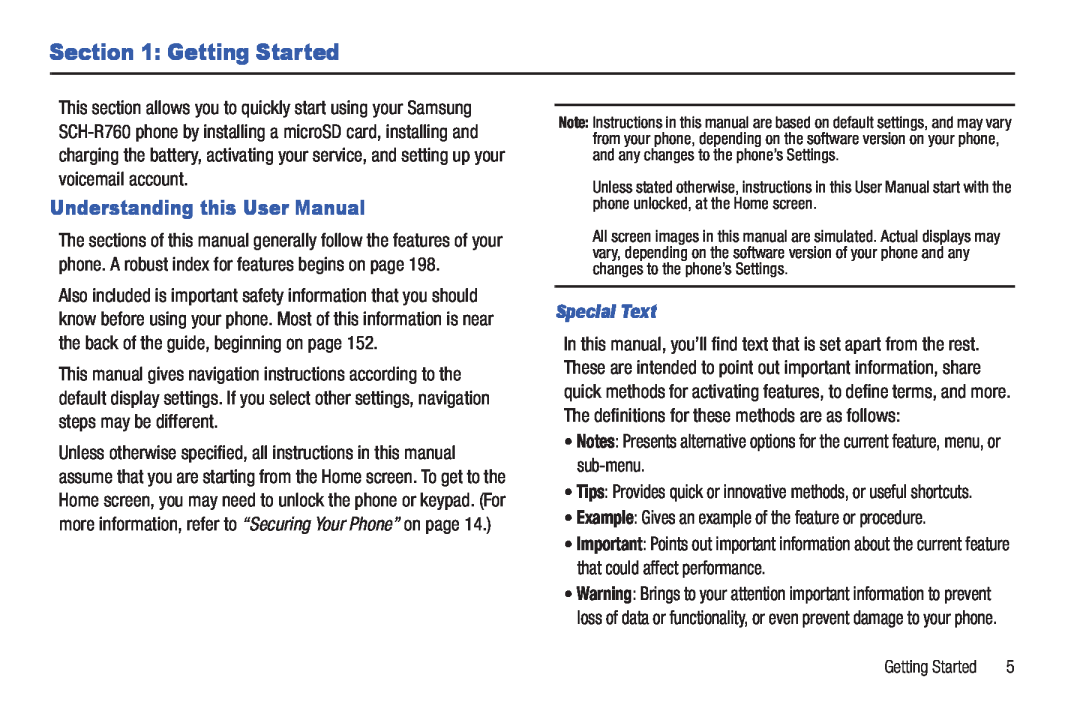Samsung GH68_3XXXXA user manual Getting Started, Understanding this User Manual, Special Text 