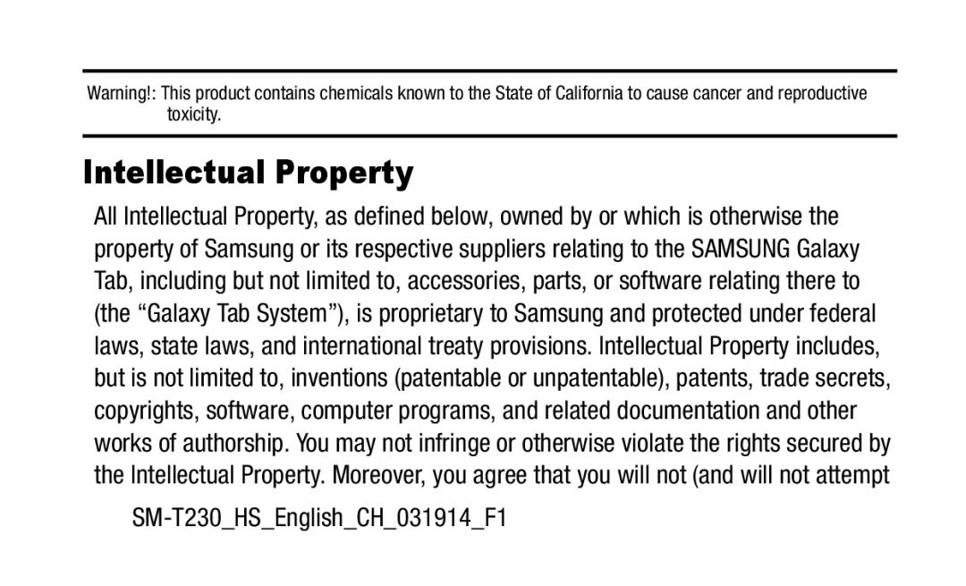 Samsung GH88-41012A warranty Intellectual Property, SM-T230HSEnglishCH031914F1 