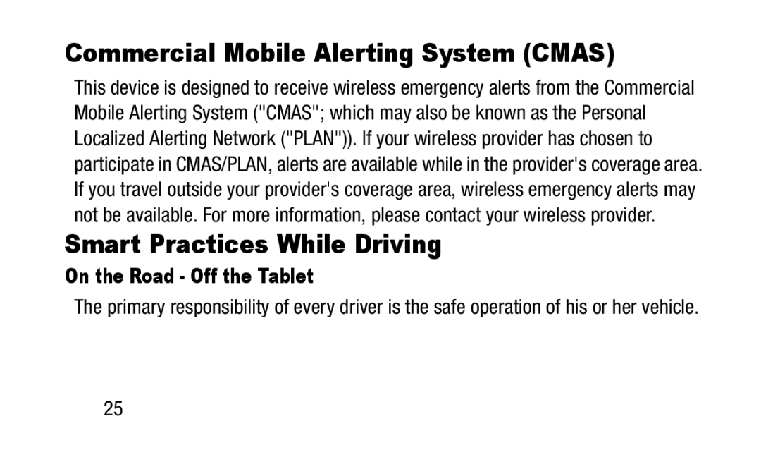 Samsung GH88-41012A Commercial Mobile Alerting System Cmas, Smart Practices While Driving, On the Road Off the Tablet 