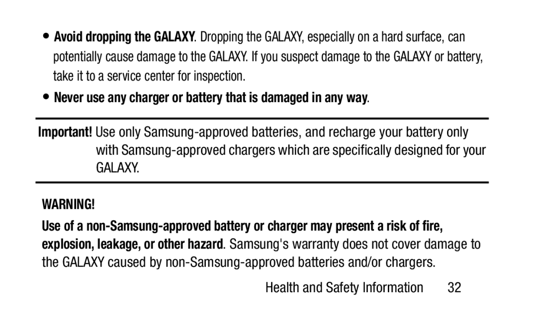 Samsung GH88-41012A warranty Never use any charger or battery that is damaged in any way, Galaxy 