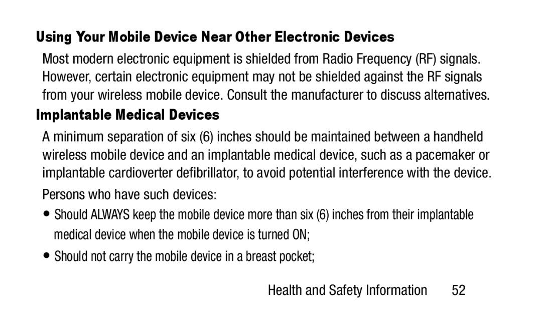 Samsung GH88-41012A warranty Using Your Mobile Device Near Other Electronic Devices, Implantable Medical Devices 