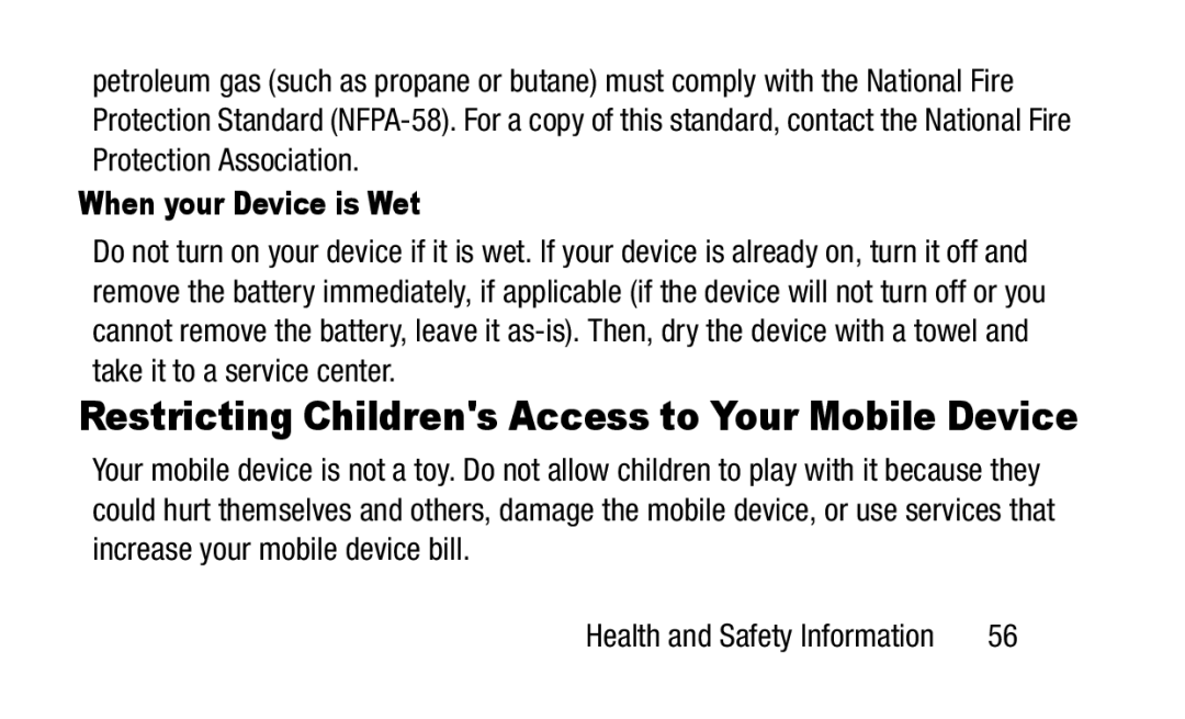 Samsung GH88-41012A warranty Restricting Childrens Access to Your Mobile Device, When your Device is Wet 