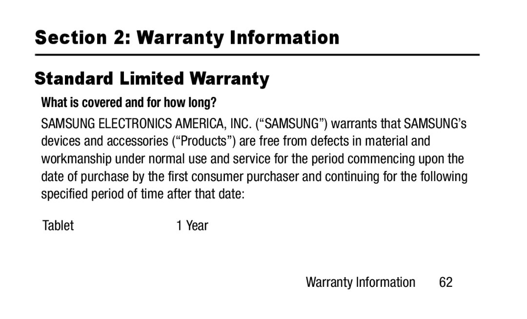 Samsung GH88-41012A warranty Standard Limited Warranty, What is covered and for how long? 