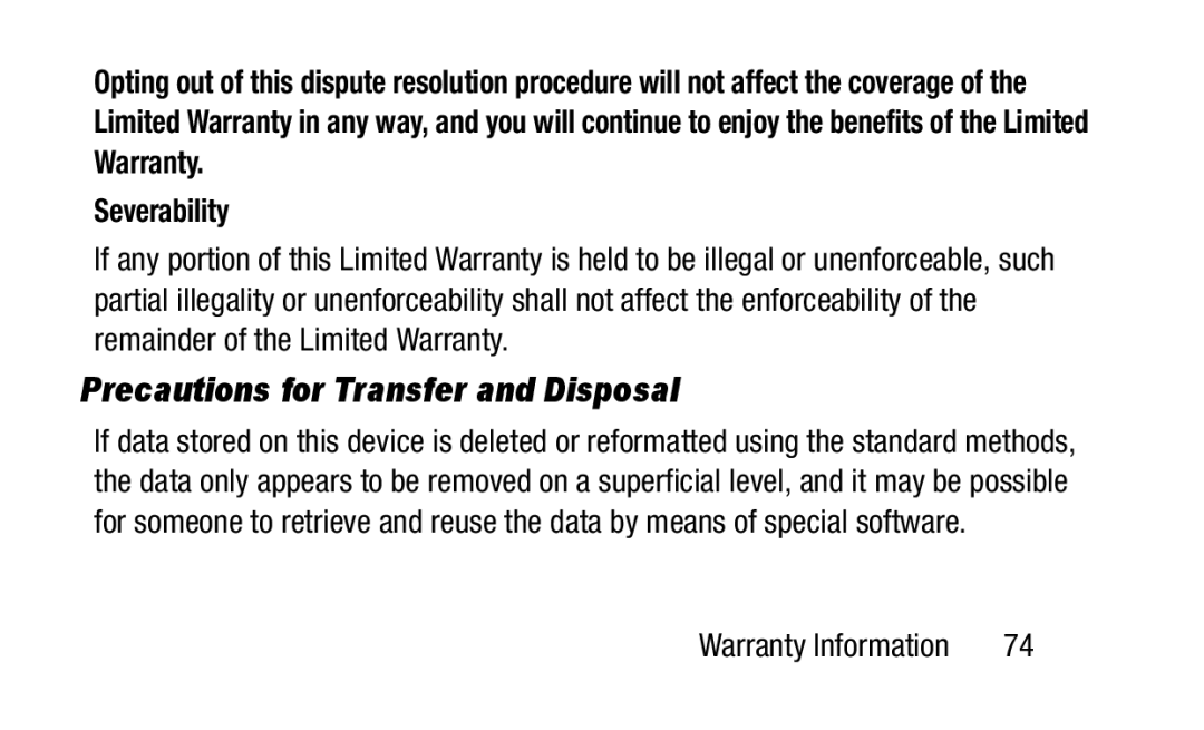 Samsung GH88-41012A warranty Precautions for Transfer and Disposal, Severability 