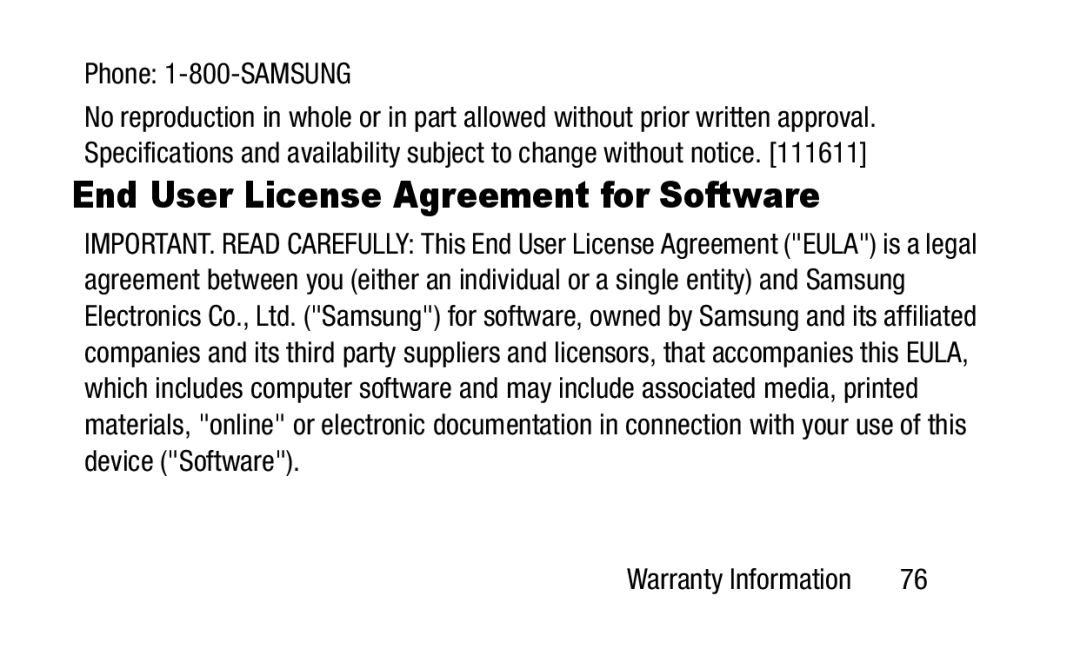 Samsung GH88-41012A warranty End User License Agreement for Software, Phone 1-800-SAMSUNG 